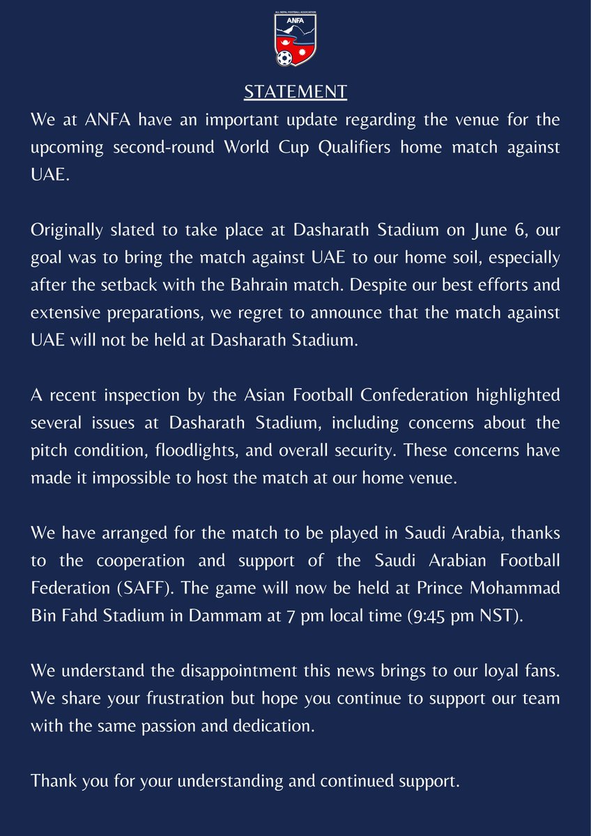 Statement on World Cup Qualifiers second round home match against UAE. #ANFA