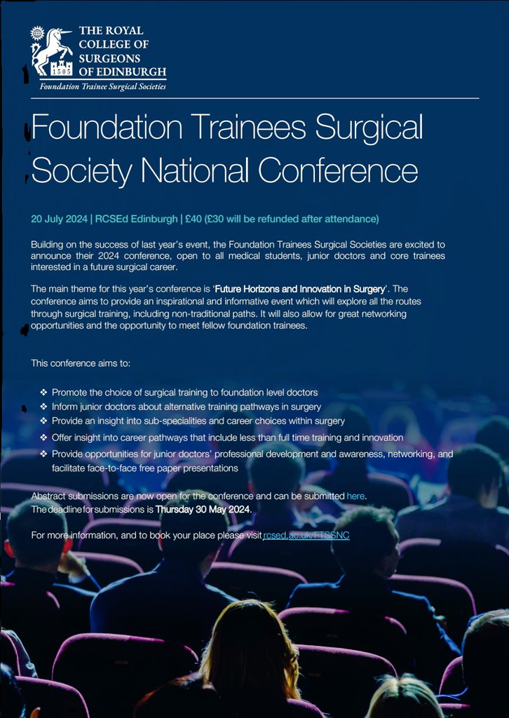 Yusuf Michla (@ymichla) on Twitter photo Only a few days left to submit abstracts to the <a href="/FTSS_UK/">FTSS UK</a> National Conference!
Open to Undergraduate, Foundation & Core trainees, a great line up of speakers, covering a wide range of current surgical topics. Join us!
<a href="/BOMSA_UK/">British Orthopaedic Medical Students Association</a> <a href="/NCLSurgSoc/">Newcastle University Surgical Society</a> <a href="/NCLOrthoSoc/">NCL OrthoSoc</a> <a href="/SurgSoc_UoS/">Sunderland Surgical Society</a> <a href="/nhsfyp/">NHS Find Your Place</a> Only a few days left to submit abstracts to the <a href="/FTSS_UK/">FTSS UK</a> National Conference!
Open to Undergraduate, Foundation & Core trainees, a great line up of speakers, covering a wide range of current surgical topics. Join us!
<a href="/BOMSA_UK/">British Orthopaedic Medical Students Association</a> <a href="/NCLSurgSoc/">Newcastle University Surgical Society</a> <a href="/NCLOrthoSoc/">NCL OrthoSoc</a> <a href="/SurgSoc_UoS/">Sunderland Surgical Society</a> <a href="/nhsfyp/">NHS Find Your Place</a>