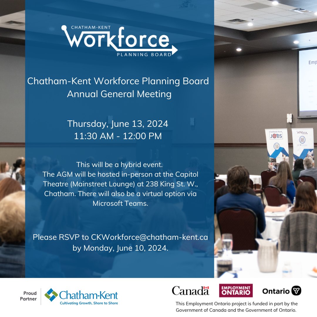 CKWorkforce's tweet image. Join us for the Chatham-Kent Workforce Planning Board Annual General Meeting on Thursday, June 13, from 11:30AM-12:00PM.

RSVP to CKWorkforce@Chatham-Kent.ca.

Find out more about our work at CKWorkforceDev.com.
#CKOnt #CKWorkforce
