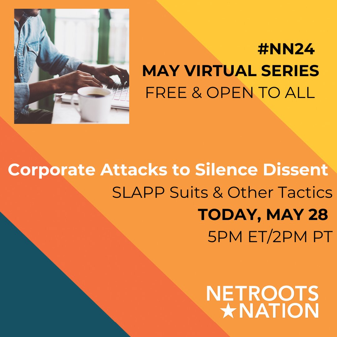 Netroots_Nation's tweet image. TODAY 5/28! Stop the SLAAP
5PM ET/2PM PT
FREE OPEN TO ALL #NN24 virtual📷 session
Concerned about corporate tactics to silence dissent &amp;amp; undermine democracy? Join this convo re: pushing back against this threat to advocacy &amp;amp; action org'd by @lushcosmetics
bit.ly/3ywzOHm