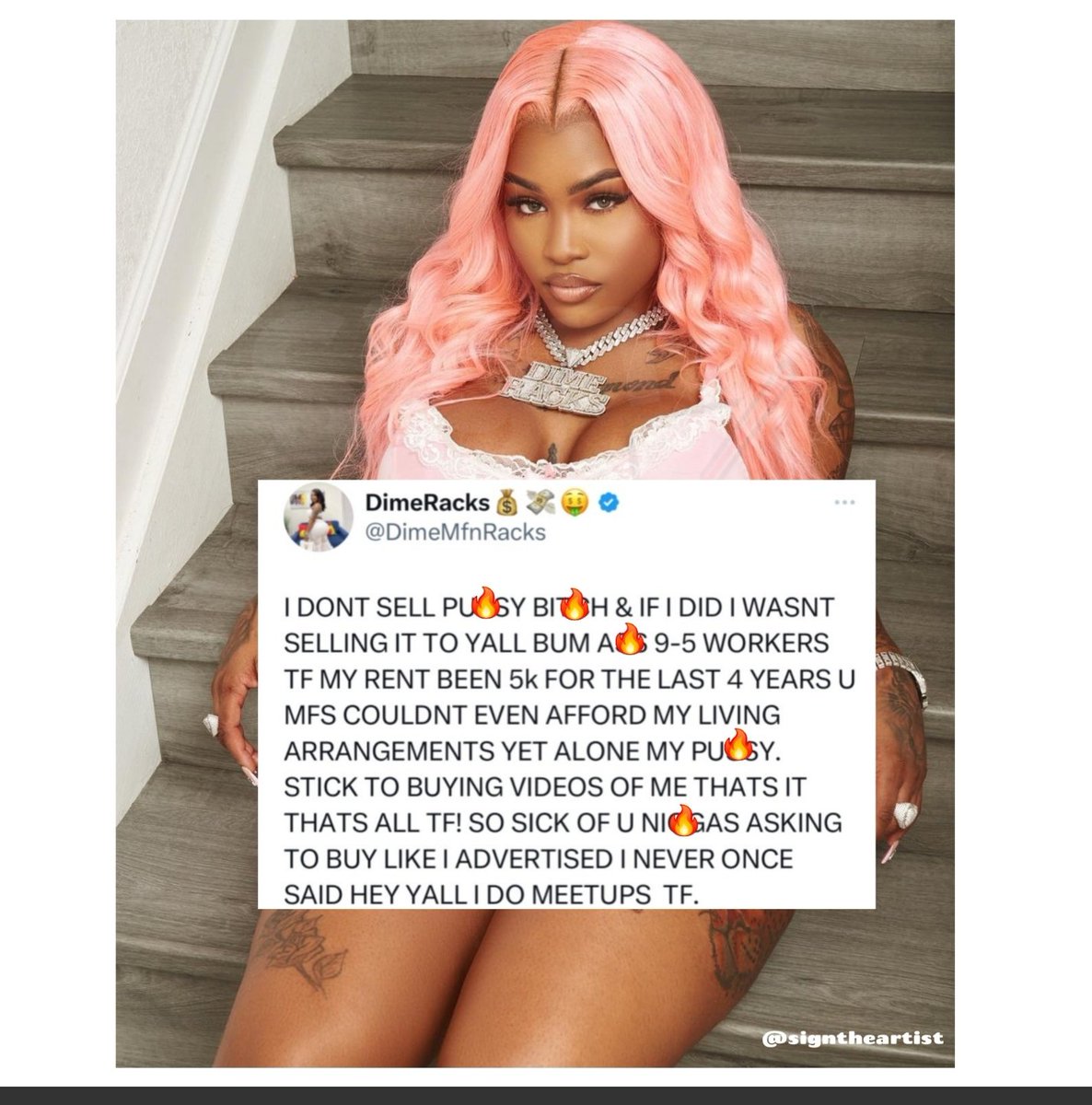 SignTheArtist's tweet image. Onlyfans model Dime Racks is sick of men with 9-5 jobs asking to buy 🐱