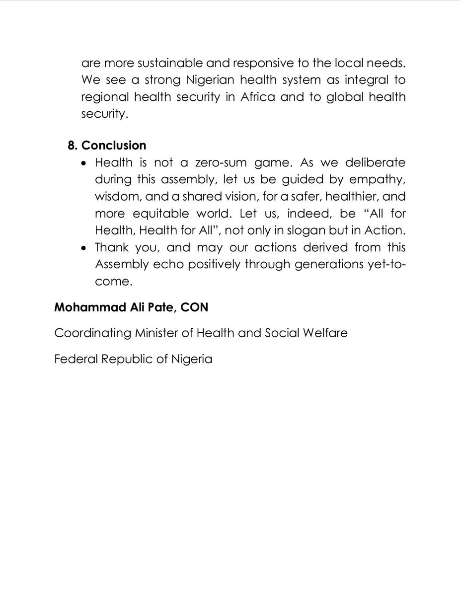 It was an honor for me today to present Nigeria’s statement at the 77th World Health Assembly, discussing the theme “All for Health, Health for All.” This theme aligns perfectly with Nigeria’s Health Sector Renewal Investment Initiative, aimed at ensuring improved quality health