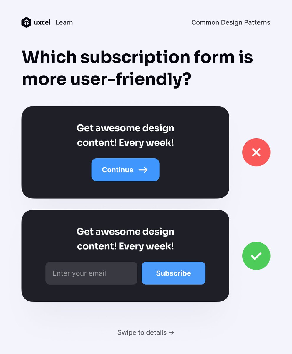 uxcelapp's tweet photo. ❓Which subscription form is more user-friendly?
•
•
Uxcel — The ultimate professional platform for mastering UX/UI design skills and evaluating your knowledge. 💎
#ui #webdesign #uxdesign #css #cssdesigners #html #developer #landingpage #landingpagedesign #appwebsite https://t.co/uTHwfiY6gV