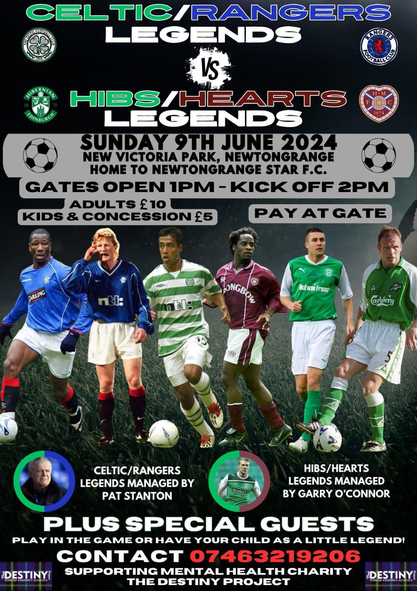 On Sunday the 9th of June we have a fantastic Legends match taking place at New Victoria Park as Glasgow takes on Edinburgh. Celtic and Rangers legends vs Hibs and Hearts legends. Pay at the gate, kicking off at 2PM. @TheDestinyProj1