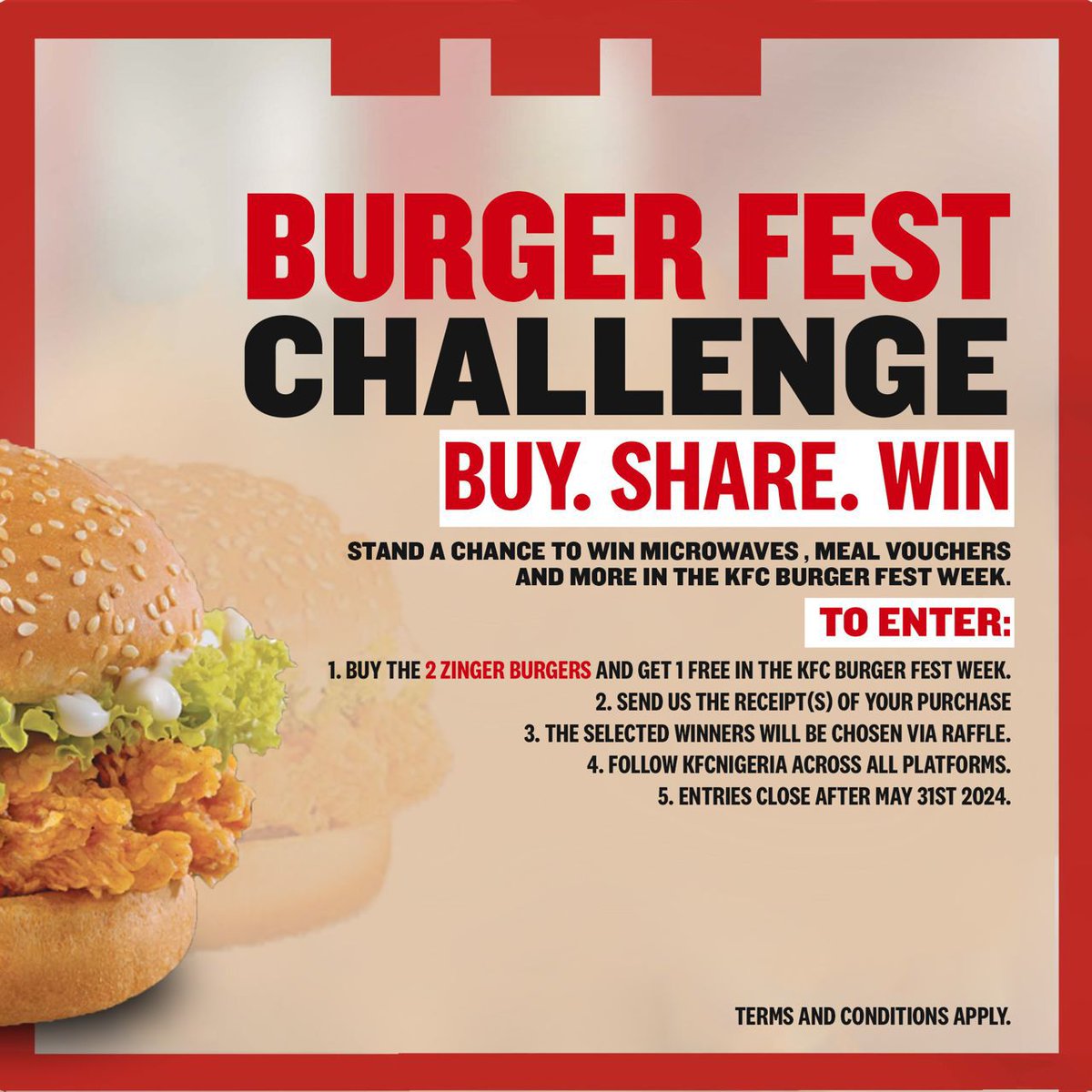 Hey Burger Lovers! Celebrate International Burger Day week with a Zinger party 💃

Buy 2 KFC Zinger Burgers 🍔 and get one free. DM us your receipt for a chance to win prizes today.
#KFCBurgerFest #InternationalBurgerDay

Here's how to win👇