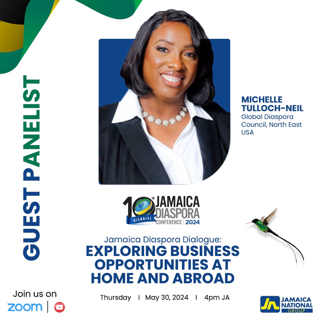 Get ready for an insightful discussion with Global Diaspora Council, North East USA representative, Michelle Tulloch-Neil, at our pre-conference Webinar: Jamaica Diaspora Dialogue – ‘Exploring Business Opportunities at Home and Abroad.’