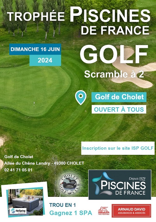 Trophée <a href="/PiscinesDe/">Piscines de France Angers</a> France le 16 juin au Golf de CHOLET.
Un SPA #HotSpring à  gagner pour un "hole in one" 
Venez tenter à nouveau votre chance avec un soleil assuré par <a href="/AssurancesDavid/">Arnaud DAVID Assurances & Associés</a> 🦁
<a href="/ffgolf/">Fédération française de golf</a>
<a href="/cholet/">brown</a>
#Golf #Cholet
<a href="/Piscines2France/">Piscines De France</a>
