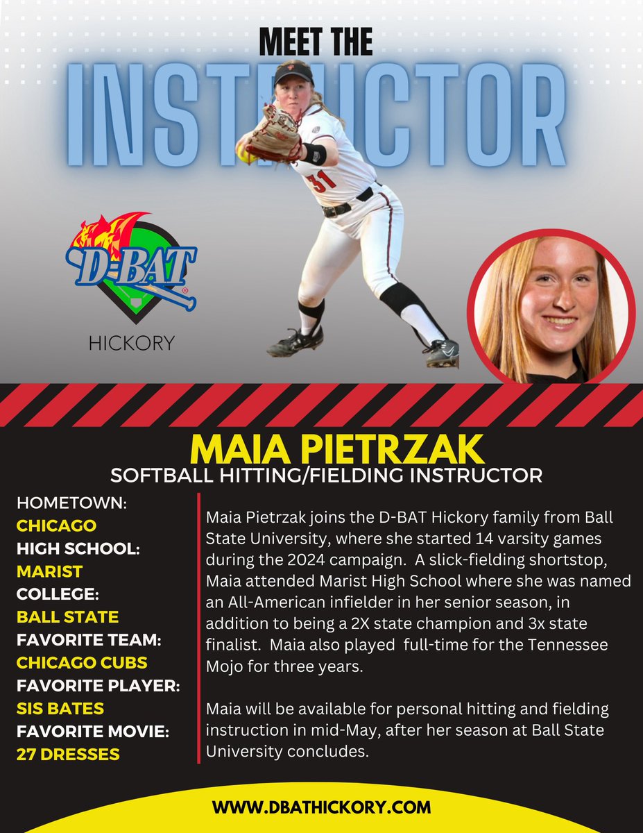 D-BAT Hickory (@dbathickory) on Twitter photo 🚨Starting tomorrow!🚨
Our first of two clinics with Ball State SS Maia Pietrzak!  Spots are still available. 
Registration: app.dbathub.com/customers/119-… 🚨Starting tomorrow!🚨
Our first of two clinics with Ball State SS Maia Pietrzak!  Spots are still available. 
Registration: app.dbathub.com/customers/119-…