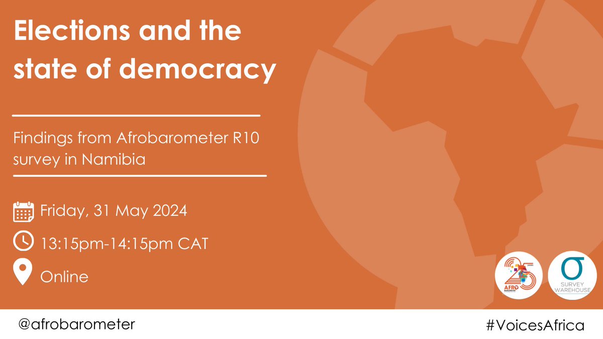 Mark your calendars and get ready to join us, as we launch Namibia’s latest findings on elections and the state of democracy ahead of the country’s election in November. You don’t want to miss out on this insightful conversation! #VoicesAfrica #Democracy #NamibiaElections2024