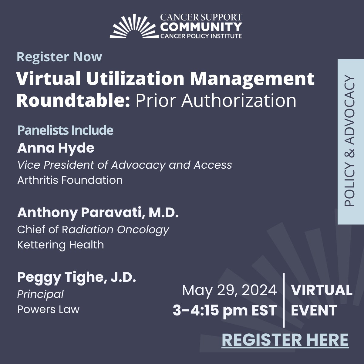 Join us TOMORROW for a discussion on the current landscape of prior authorization practices and what we as advocates can do to ensure that patients remain at the center of their own care. Register here: bit.ly/4dZOFtQ