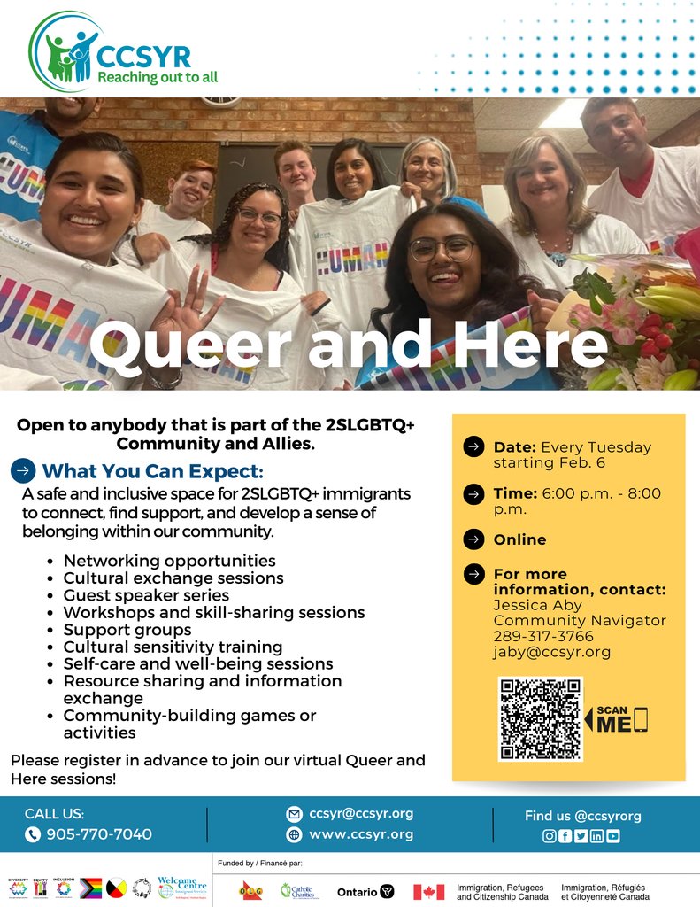 Join us for #QueerandHere: a workshop dedicated to creating an inclusive and #safespace for #2SLGBTQ+ newcomers to make #communityconnections. Open to all members of the 2SLGBTQ+ community and allies. Click the link to register. l8r.it/hKUC