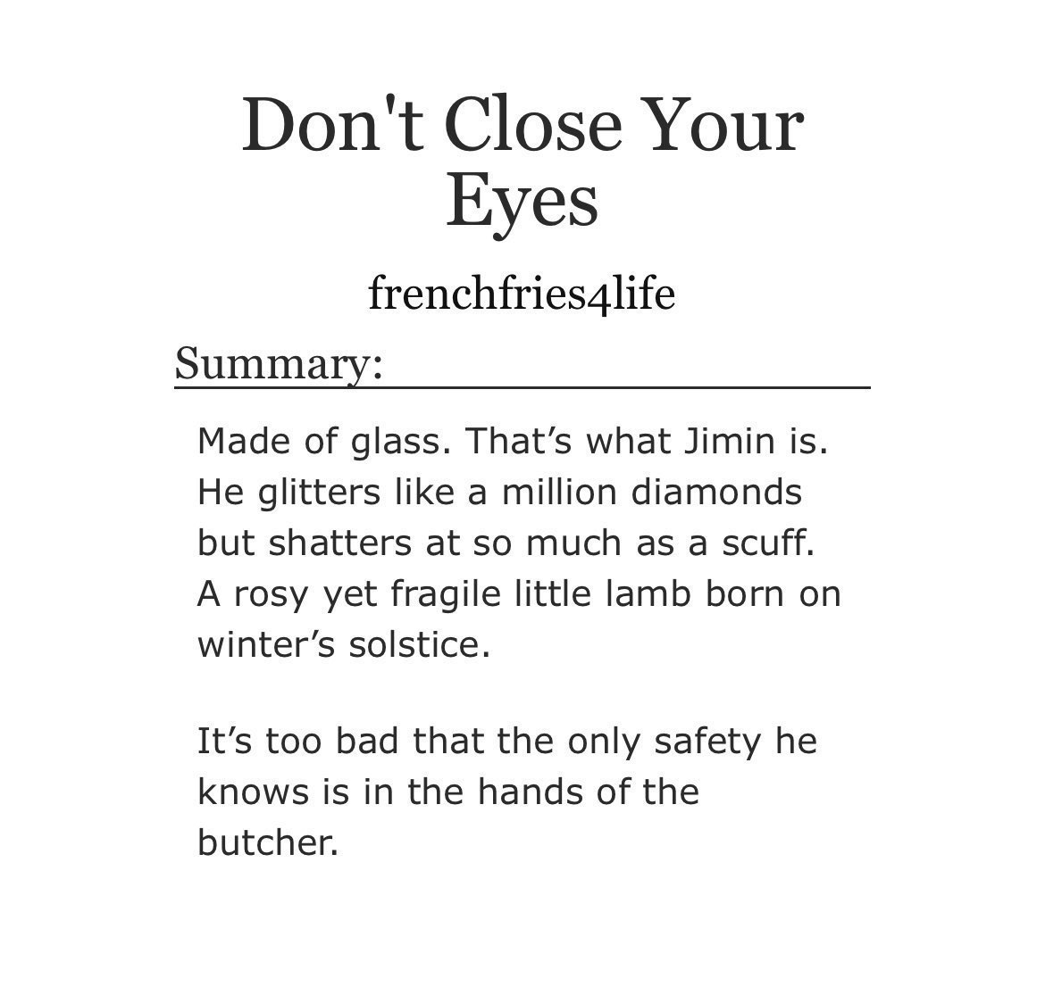 frenchfriesbts's tweet photo. Don't Close Your Eyes   
✧ Chapter 19 - No Going Back
✧ https://t.co/8oIhX0BesM
✧ Jikook, Vmin | Explicit 🔞
✧ hs + college AU, dark, unhealthy relationships, thriller   
✧ read tags and warnings!! https://t.co/SnA9LDAE92