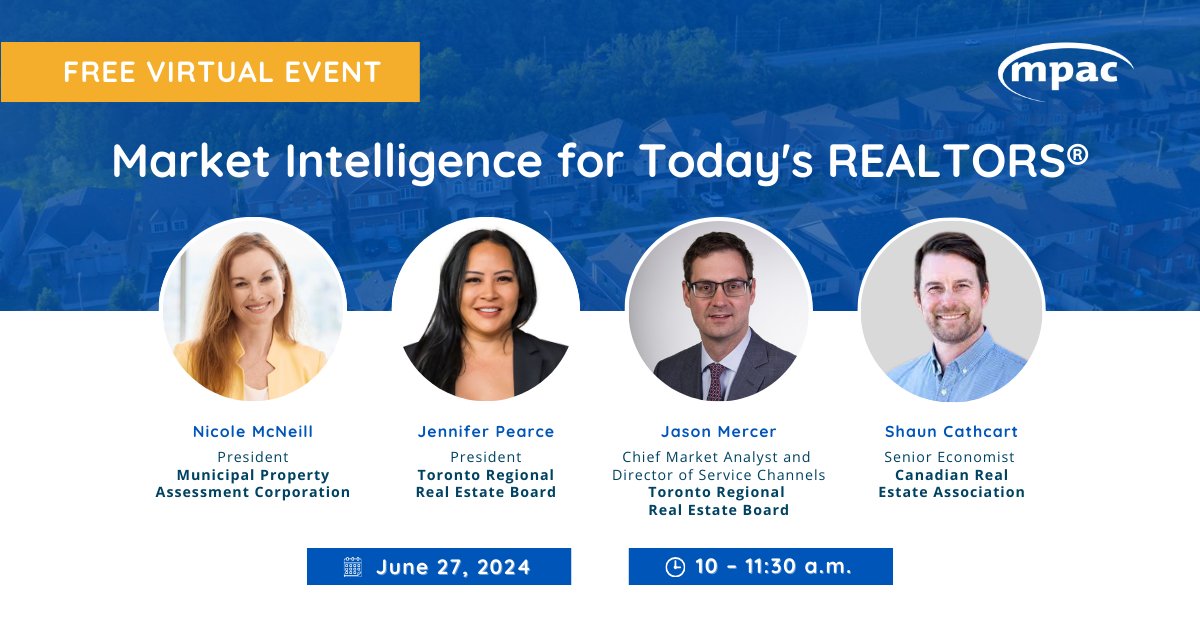 #OntarioRealEstate professionals, this one’s for you! 🏠 

Join us and industry experts from @TheReal_TRREB and @CREA_ACI for MPAC's Market Intelligence for Today's REALTORS® on June 27! 🏠 Register now – space is limited: bit.ly/4ayaZrN.

#MPACinsights #TRREB #CREAstats