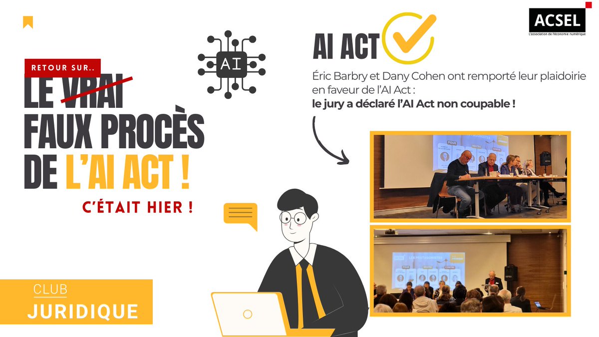 Retour sur le (faux) procès de l'AI ACT : Qui a raison ? Qui a tort ? 🤔 Plaidoiries animées hier par le Club juridique de l'Acsel. Verdict : l'AI ACT est déclaré non coupable ! 👏 Qu'en pensez-vous ? Partagez vos réflexions ! #AIAct #Proces #IA #AI