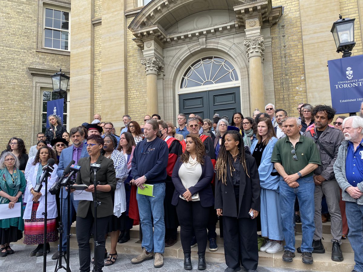 Dozens of University of Toronto faculty members speaking about school seeking injunction to remove Pro- Palestinian demonstrators from campus. Faculty message to <a href="/UofT/">University of Toronto</a>, ‘if you try to move the students, you will have to go through us first’