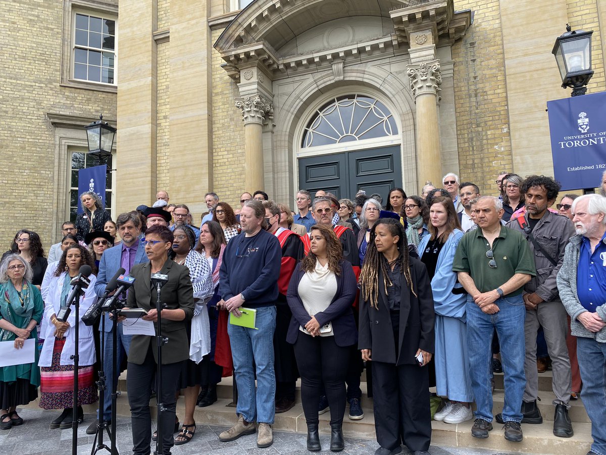 Dozens of University of Toronto faculty members speaking about school seeking injunction to remove Pro- Palestinian demonstrators from campus. Faculty message to @UofT, ‘if you try to move the students, you will have to go through us first’