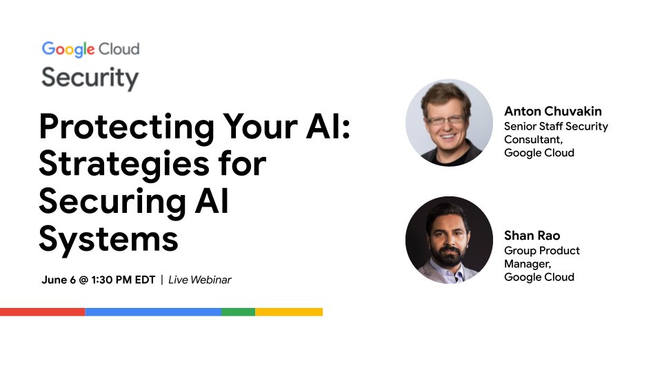 Don't let AI risks slow you down 🏃🏼‍♀️💨 Join Google Cloud Security experts for a webinar and discover the best practices for safeguarding your AI environment. Register now: bit.ly/3wZM7eE #GenAI #AISecurity #Cybersecurity
