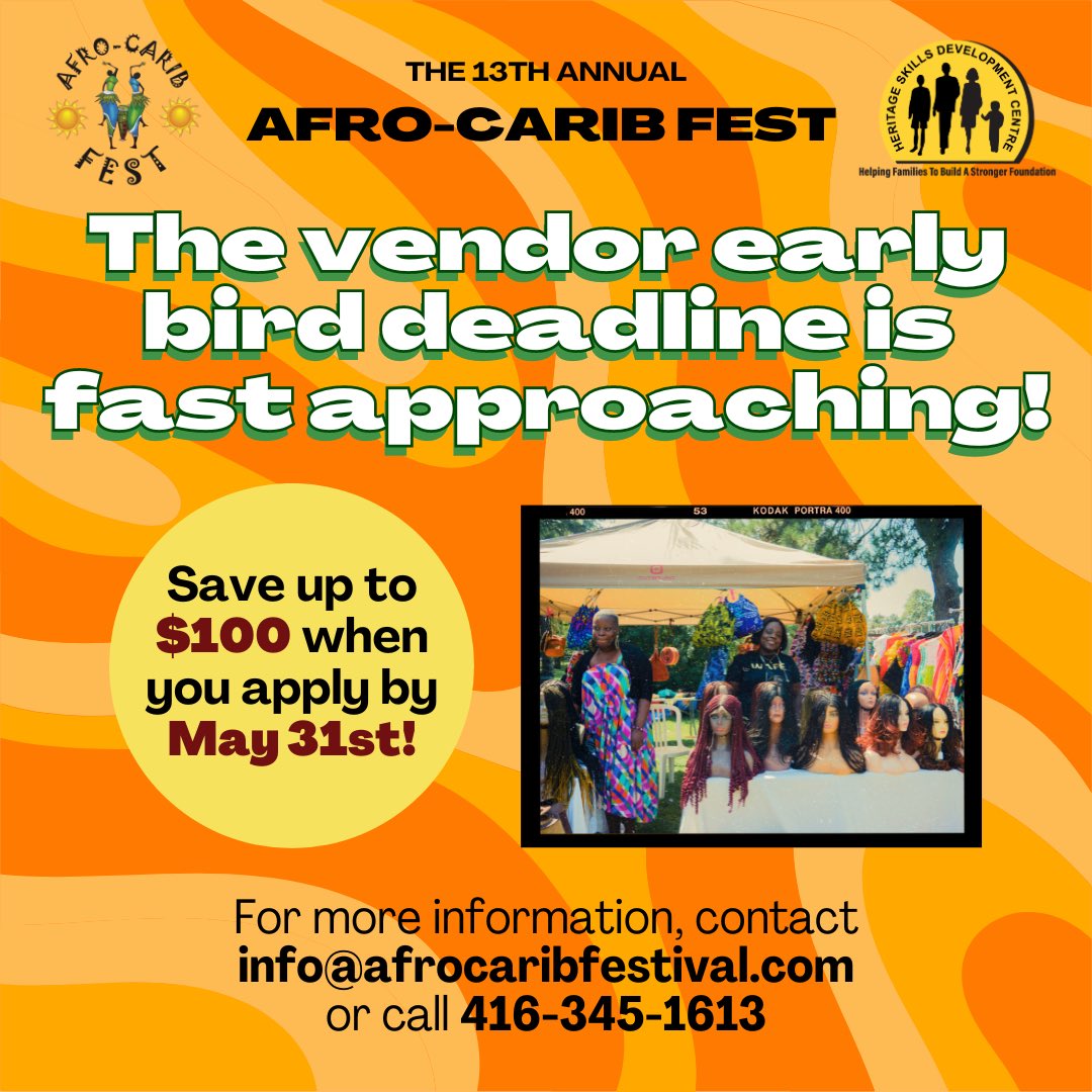 ⏰ Our early bird vendor discount ends SOON!

Don't miss out on our $150 discount! Register and pay to secure your spot now: afrocaribfestival.com/vendors/ 

#TorontoSmallBusiness #SmallBusiness #AfroCaribFest2024 #Vendors #TorontoEntrepeneurs #TorontoFestivals #TorontoEvents