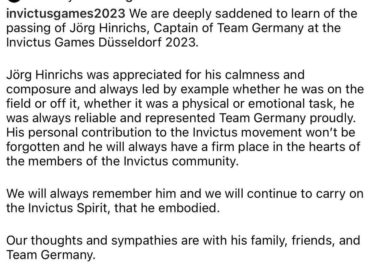 The Invictus Community is “deeply saddened to learn of the passing of Jörg Hinrichs.” Hinrichs was the captain of Invictus Team Germany. 🇩🇪 “He always led by example.” Go in peace Captain. 🕊️ #InvictusGames