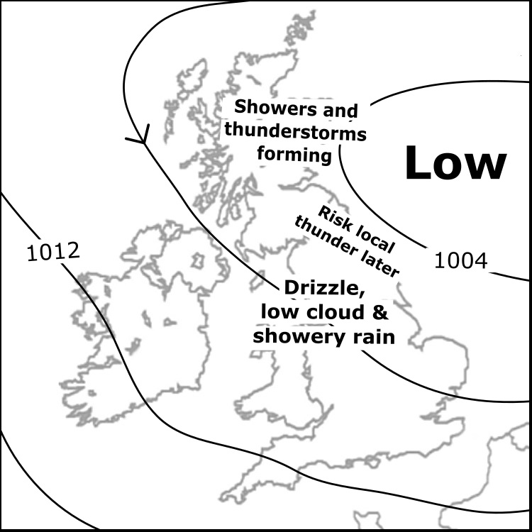 Wed 29/5: Murky start with some light rain. North through central Scotland from noon onward developing thunderstorms with locally intense downpours and gusty winds. Strong gusts also afternoon from Mull to Arran and on the Pennines. Best chance for sun in central and south Wales.