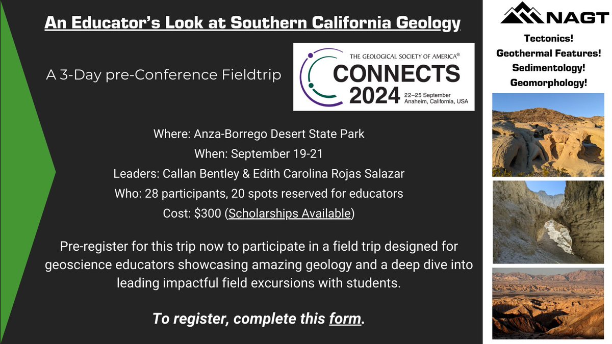 Pre-register for a 3-day field trip prior to the #GSAConnects24 showcasing SoCal geology &amp; how to lead field excursions for students. Limit: 28 participants w/ 20 spots reserved for educators. Apply for one of those spots: forms.gle/AokBZZUyZtD7dV…
 <a href="/geosociety/">geosociety</a> <a href="/NESTA_US/">National Earth Science Teacher's Association U.S.</a>