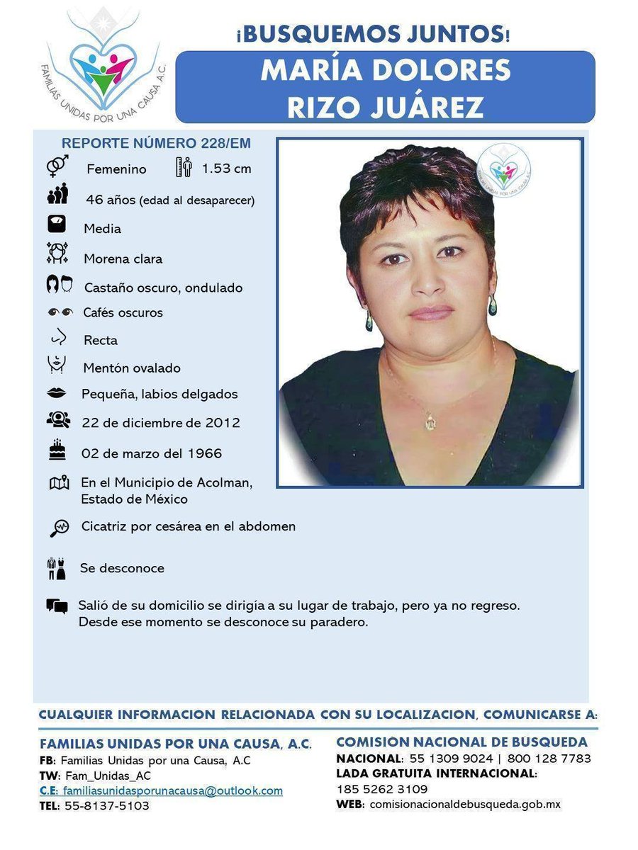 ¡BUSQUEMOS JUNTOS!
MARÍA DOLORES RIZO JUÁREZ
46 años (edad al desaparecer)
Vista el 22/12/12 en Mpio #Acolman #Edomex 
¿La has visto?🔁 <a href="/AztecaEdoMex/">TV Azteca Edomex</a> <a href="/AnaLiliaHerrera/">Ana Lilia Herrera</a> @CarolinaMonroy_ <a href="/Manoella_Torres/">Manoella Torres</a> <a href="/azucenau/">Azucena Uresti</a> <a href="/Diario_Supremo/">PERIÓDICO SupreMo 🔴</a> <a href="/kenialopezr/">Dra. Kenia López Rabadán</a> <a href="/saradulche/">Sara Dulche</a> <a href="/rivapa/">Raymundo RivaPalacio</a> <a href="/LuisWertman/">Luis Wertman Zaslav</a>