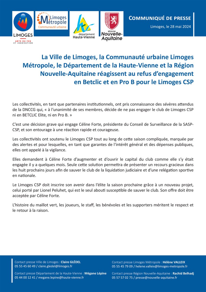 🏀 Communiqué commun du Département de la Haute-Vienne, de @VilleLimoges87, @LimMetropole et  @NvelleAquitaine en réaction à la décision de ne pas engager le @limogescsp en Betclic Elite et en Pro B.