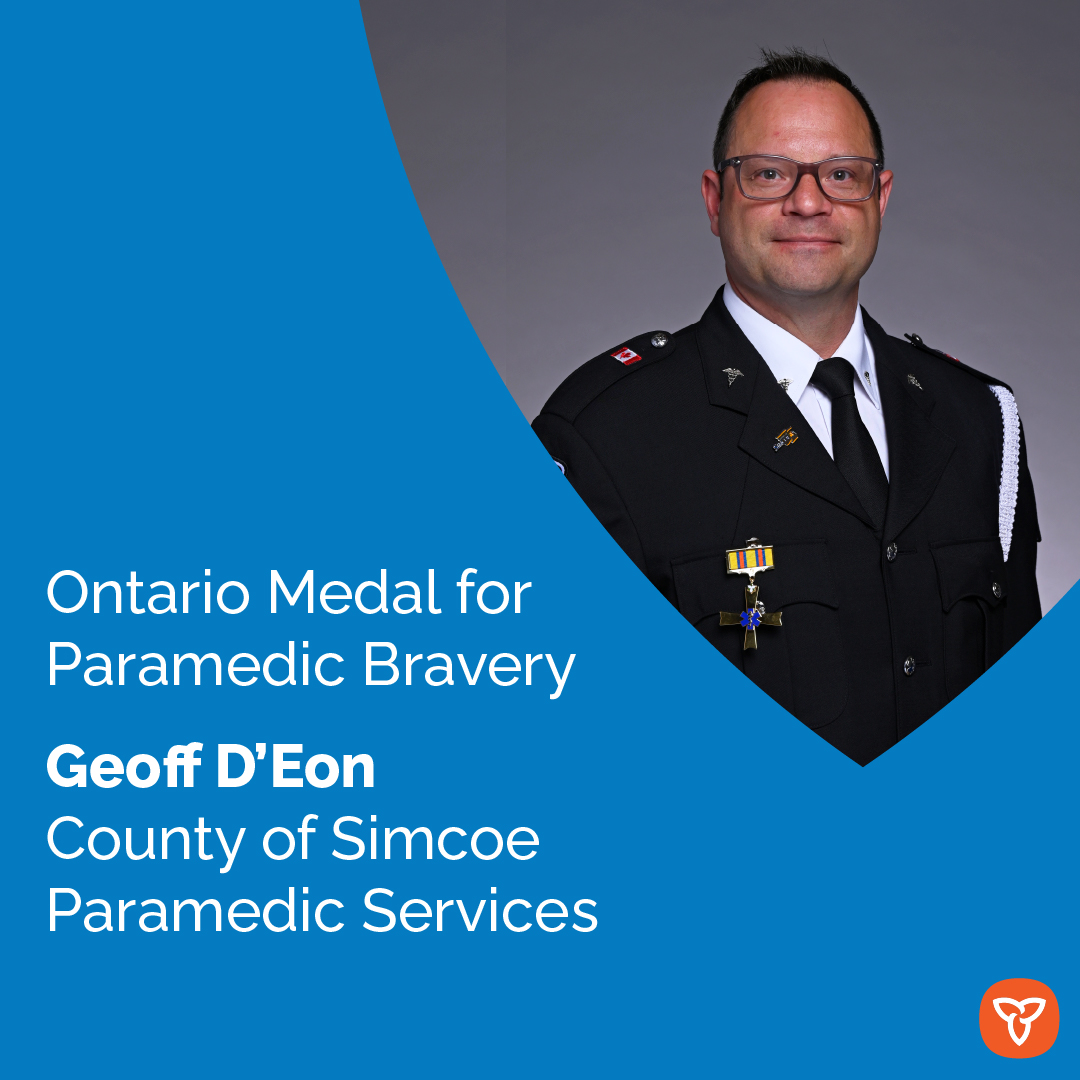 Congratulations to Geoff D’Eon from the County of Simcoe Paramedic Services on your Ontario Medal for #Paramedic Bravery.

Learn more about Geoff’s story: news.ontario.ca/en/backgrounde…