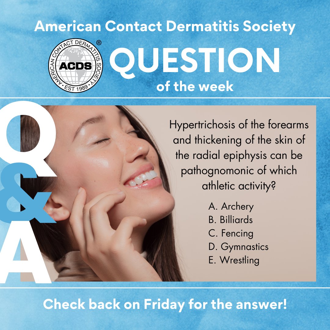 Think you know the answer? Earn CME by completing the Self Assessments in Dermatitis!
#ACDS_Dermatitis #DermatitisJrnl #patchtesting #dermatitis #medtwitter #dermtwitter #aadmember #questionoftheweek