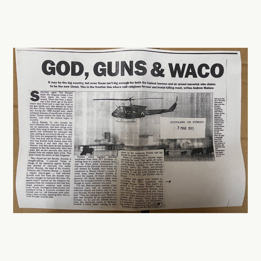 From the Archive: Newspaper clipping from Scotland on Sunday covering the Waco siege - a siege by the U.S. government &amp; law enforcement of the Branch Davidians compound in 1993. 

All copyrights belong to Andrew Malone and Scotland on Sunday.

 #waco #branchdavidians