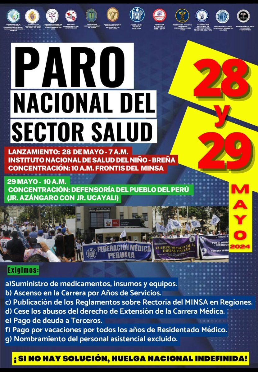 Mjv33Monica's tweet photo. @MJAguayo63 #ParoMedico #ParoSectorSalud
#Minsa
28 y 29 mayo 2024
28/5/24:  10am plantón frente a Minsa 
29/5/24 : plantón frente defensoria https://t.co/upVEKDSnAj