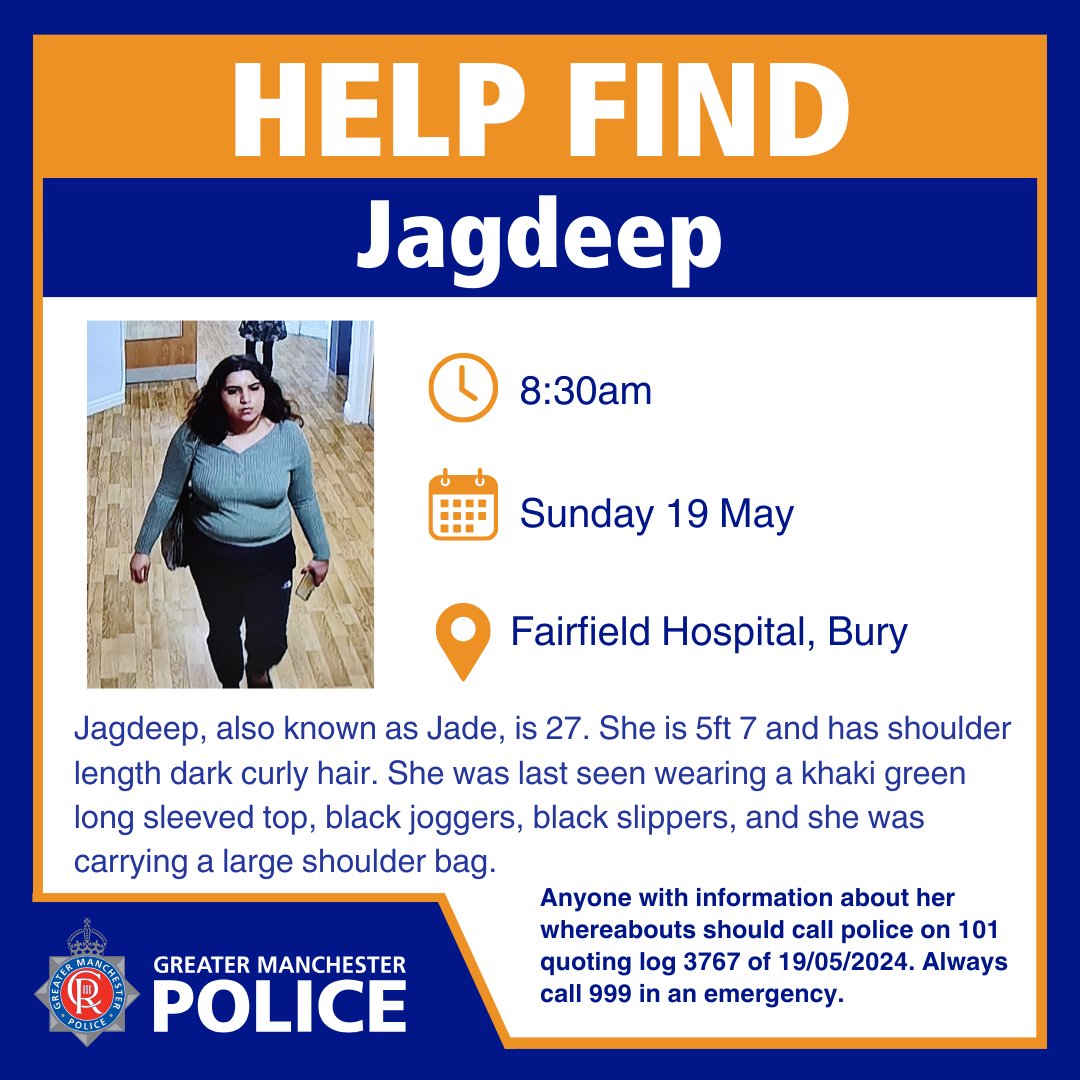 #APPEAL | Can you help police find a missing woman from Bury? Jagdeep, also known as Jade, has links to the North Manchester area. Any information? Call us on 101 quoiting 3767 of 19/05/24.