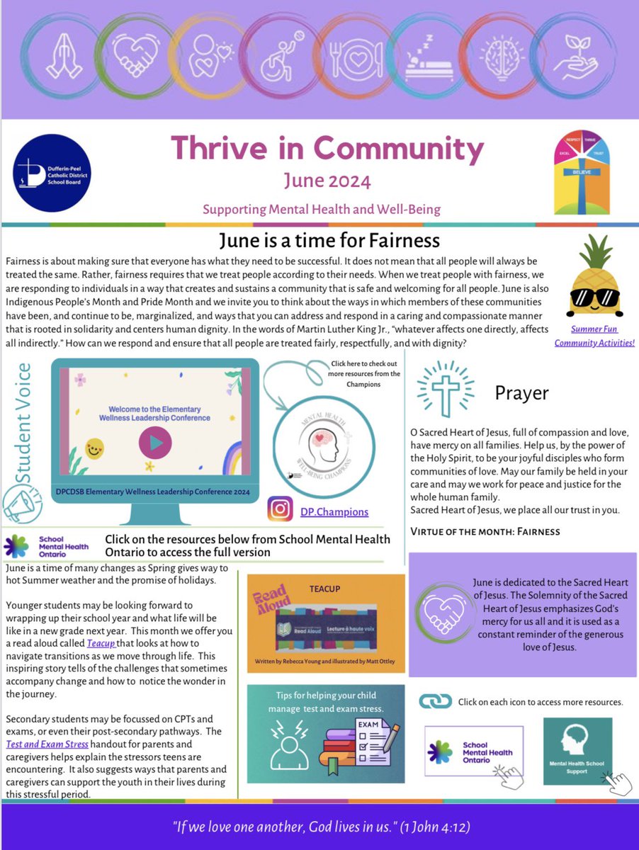 Our DPCDSB Mental Health and Well-Being Team has created a THRIVE Community Newsletter to be shared with <a href="/DPCDSBSchools/">Dufferin-Peel Catholic District School Board</a> staff and families each month.

A link to the June 2024 Edition of the THRIVE newsletter is provided. For more information please visit: www3.dpcdsb.org/Documents/Thri…