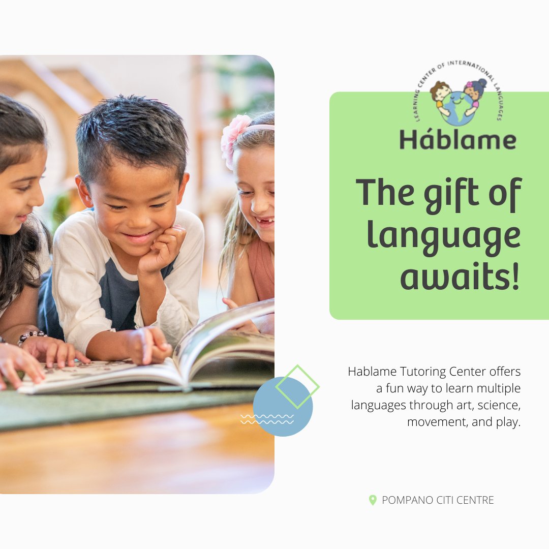 Spark your child's curiosity with the gift of language! Hablame Tutoring Center offers a fun way to learn multiple languages through art, science, movement, and play. #pompanociticentre #shoppingcenter @hablame_tutoring_center