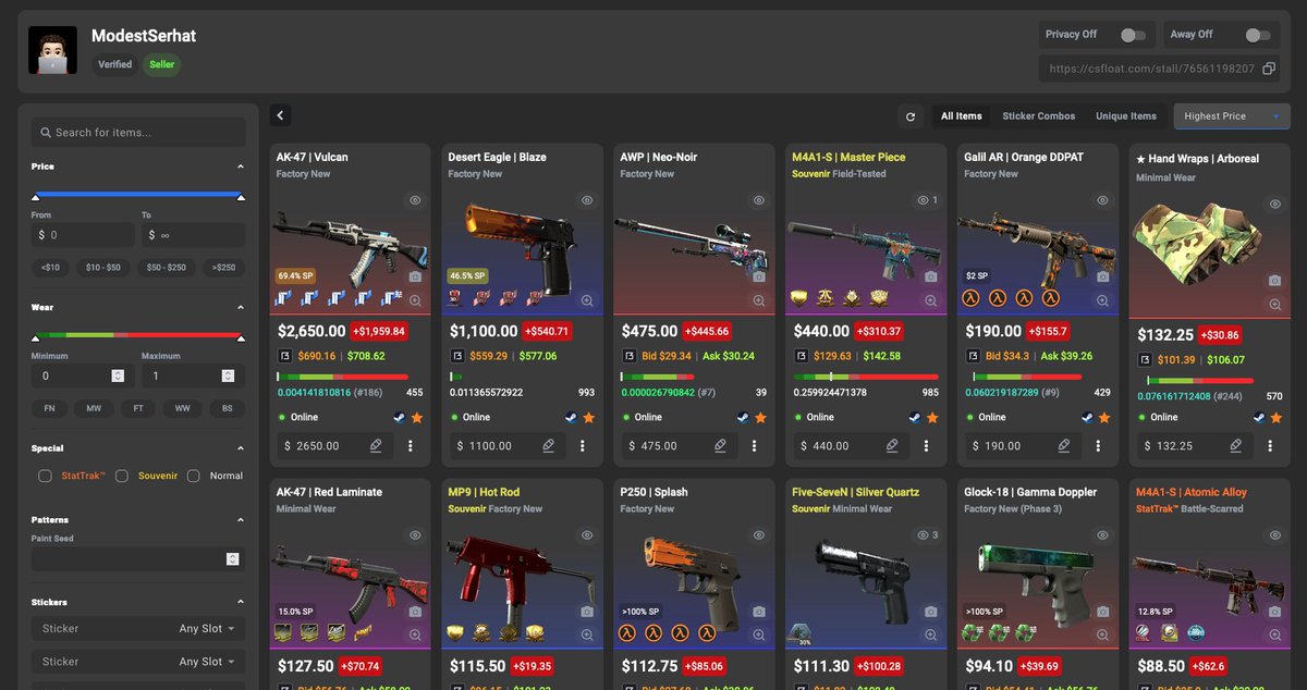 I'm cashing out my collection including:

AK-47 | Vulcan 0.004 with 5x Titan (Holo) | Katowice 2015
Desert Eagle | Blaze with 3x 3DMAX (Holo) | Katowice 2015 + 3DMAX | Katowice 2014

If you want to buy any of my items feel free to bargain, CSFloat stall link is in the replies!