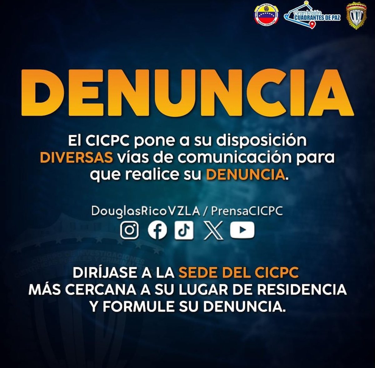 Con tu denuncia contribuyes en la lucha contra la impunidad.  #Cicpc #PorTuSeguridad #Seguridad #DouglasRico #Venezuela #Denuncia #PolicíaCientífica #Policía #Criminalistica #paz #instagram #atención #información
#PorLaPazDerogaYa #BidenDerogaElDecretoYa
