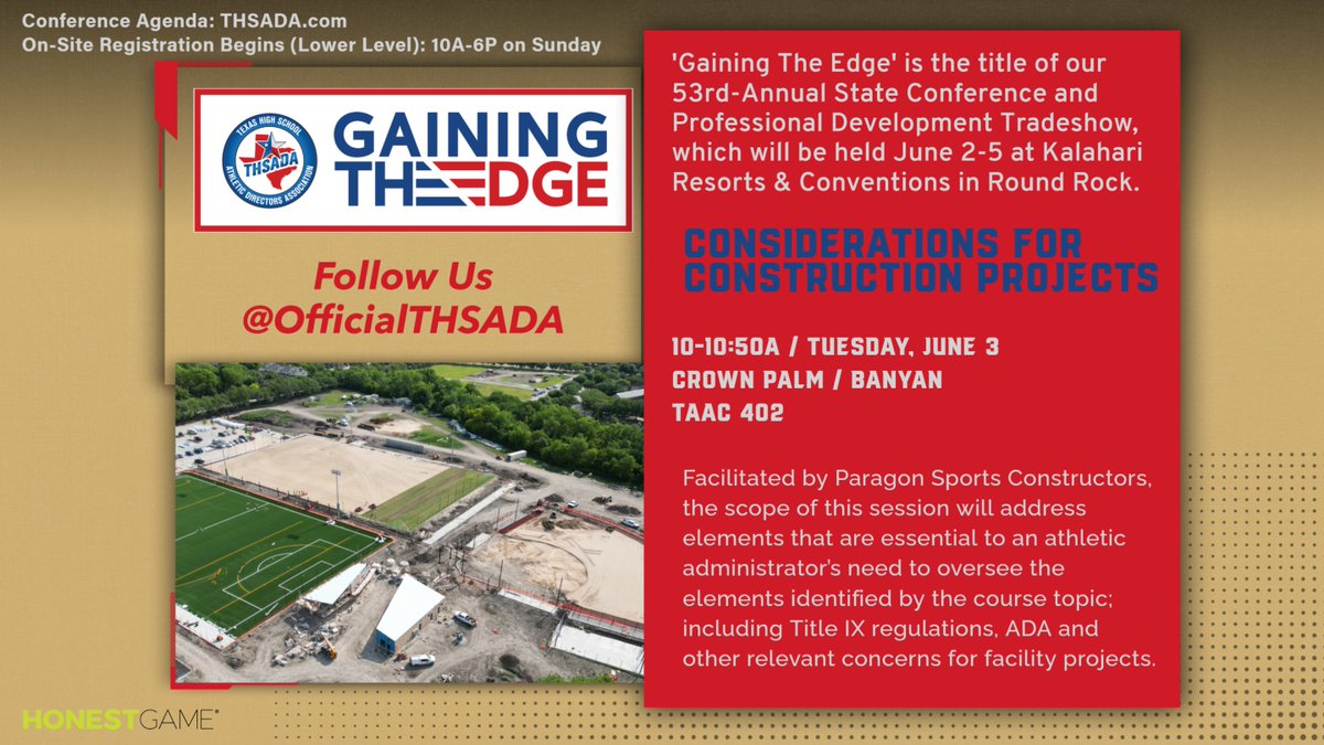 Facilitating this session will be Paragon Sports Constructors President William Chaffe, who has more than 30 years experience in the design, construction and development of commercial facilities as a consultant, owner’s representative and principal. #GainingTheEdge #THSADA24
