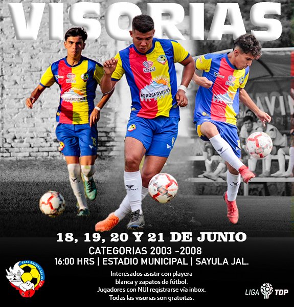 𝙎𝙚 𝙗𝙪𝙨𝙘𝙖𝙣 𝘼𝙣𝙞𝙢𝙖𝙨 👻🚨

¡fecha de visorias!

Forma parte de la familia Ánima y la <a href="/LigaTDP/">Liga TDP</a>  

¡Agendalo! ✍️

🗓️ 18, 19, 20 y 21 de Junio
🏟️ Estadio Mpal.
📍 Sayula, Jal
🕓 16:00 H

Asistir con vestimenta blanca e hidratación

Jugadores con NUI, registrarse por DM