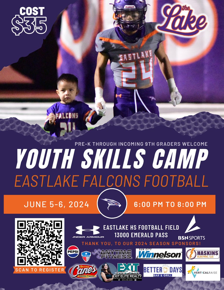 Happy Tuesday @Eastlake_HS community! The @EHSFalconFB Youth Camp is scheduled June 5-6 from 6-8 pm daily. All athletes are welcome & receive a camp t-shirt for attending! Pre-register using the QR code/link below! @RRodriguezJr2 @EHSFalconSports @HHeights_ES @DW_K8S @DSShook_ES