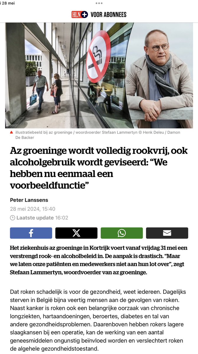 Vanaf 31/5 worden wij een volledig #rookvrij ziekenhuis. Ook #alcohol wordt aan banden gelegd. Als #ziekenhuis is het onze maatschappelijke opdracht om te waken over de #gezondheid van patiënten, bezoekers &amp; medewerkers   #vapen #roken #tabak hln.be/kortrijk/az-gr… via <a href="/hln_be/">HLN.BE</a>