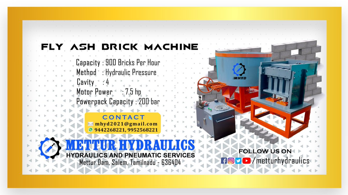 metturhydraulic's tweet image. Fly Ash Brick Machine is out for sale now ! 🧱

Mettur Hydraulics | Hydraulics and Pneumatic Services Contact:  9442268221 / 9952568221  
Email: mhyd2021@gmail.com

#MetturHydraulics #Flyashbrickmachine #flyashbricks #flyashbrickmakingmachine #flyashbricksmachine #flyashblocks