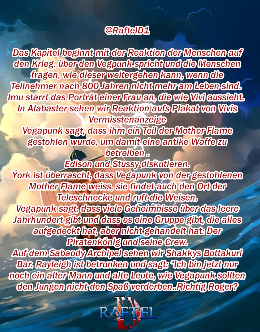 RaftelD1's tweet photo. Erste Spoiler zu Kapitel 1116
#onepiece #ONEPIECE #onepiecenews #onepiecenewsgermany #opspoilers #onepiecechapter #onepiece1116 #ONEPIECE1116 https://t.co/ZFKkigA4WU