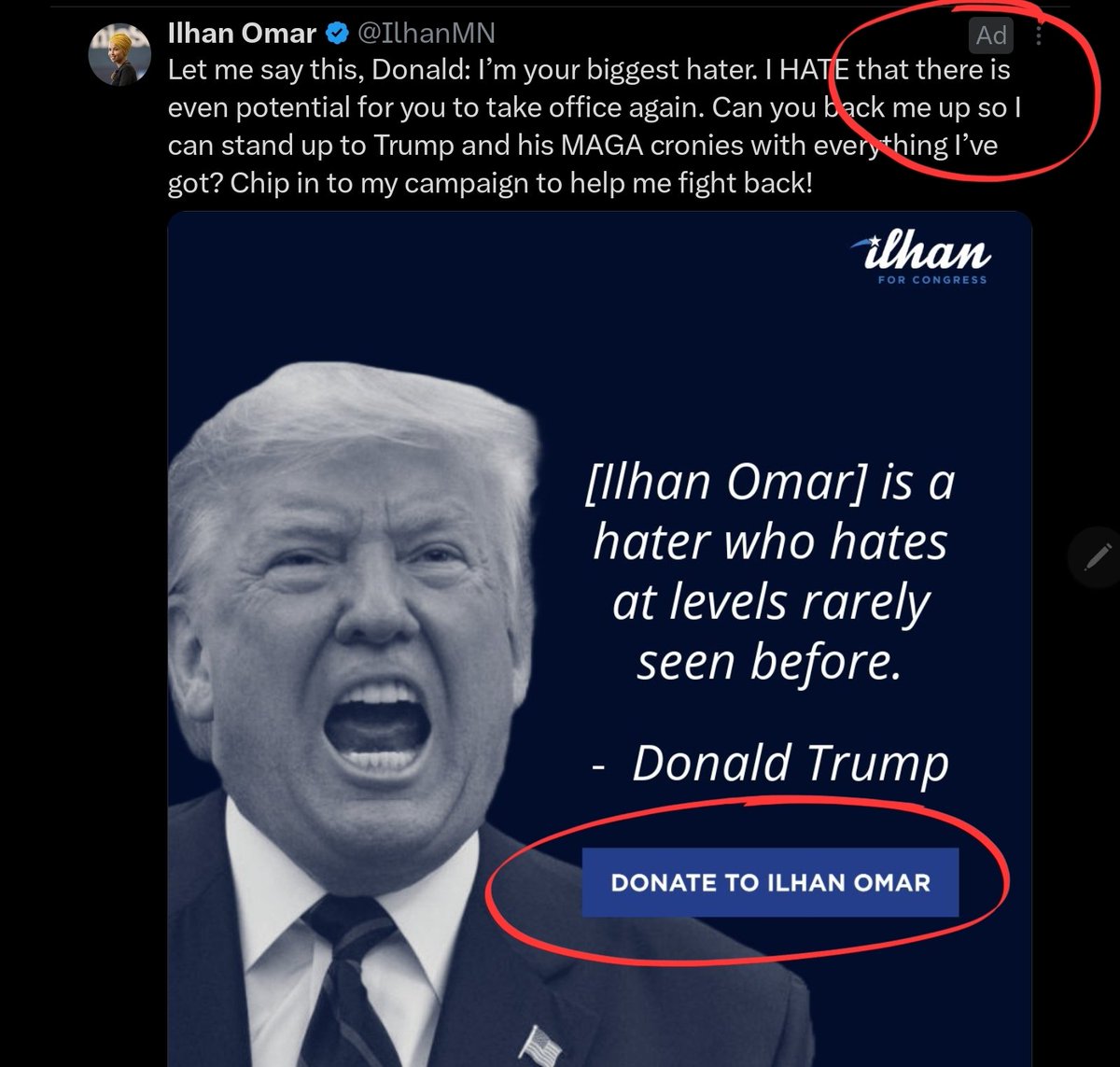 The political ads on X have some weird targeting, for sure. Keep seeing one for Ilhan Omar in the replies of 'conservative' accounts who have TDS. Go on then, and talk about how much you can't stand Trump, help raise money for the commies. Do not donate to Ilhan. Test.