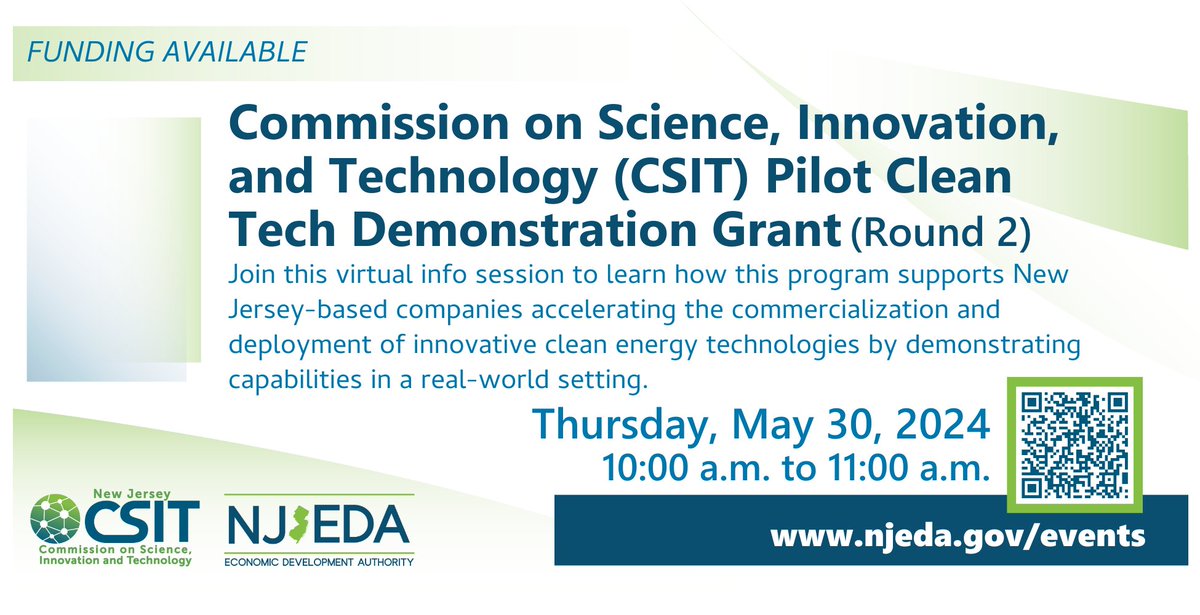 Join the NJEDA this Thursday for a webinar on how CSIT supports NJ-based companies in accelerating the commercialization & deployment of clean energy technologies! Register by visiting njeda.gov/event/info-ses…