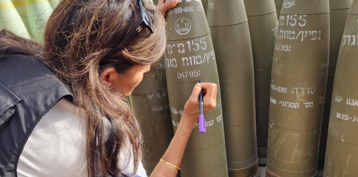 Dear Americans, Nikki Haley visited us today: She went to the West Bank settlements and then went to sign on a bomb 'finish them'. Just disgusting. Can you please take her back? We already have one Ben Gvir & we don't need your filthy death promoting politicians as well. Thanks!