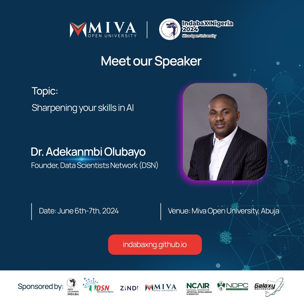 Dr. Adekanmbi Olubayo, Founder of Data Science Nigeria will share insights on ‘Sharpening your AI Skills’ at the fireside chat.

Don’t miss this chance to learn how to stay ahead of the curve!✨

#MivaOpenUniversity #IndabaXNigeria2024 #MachineLearning #AI #ReachHigher