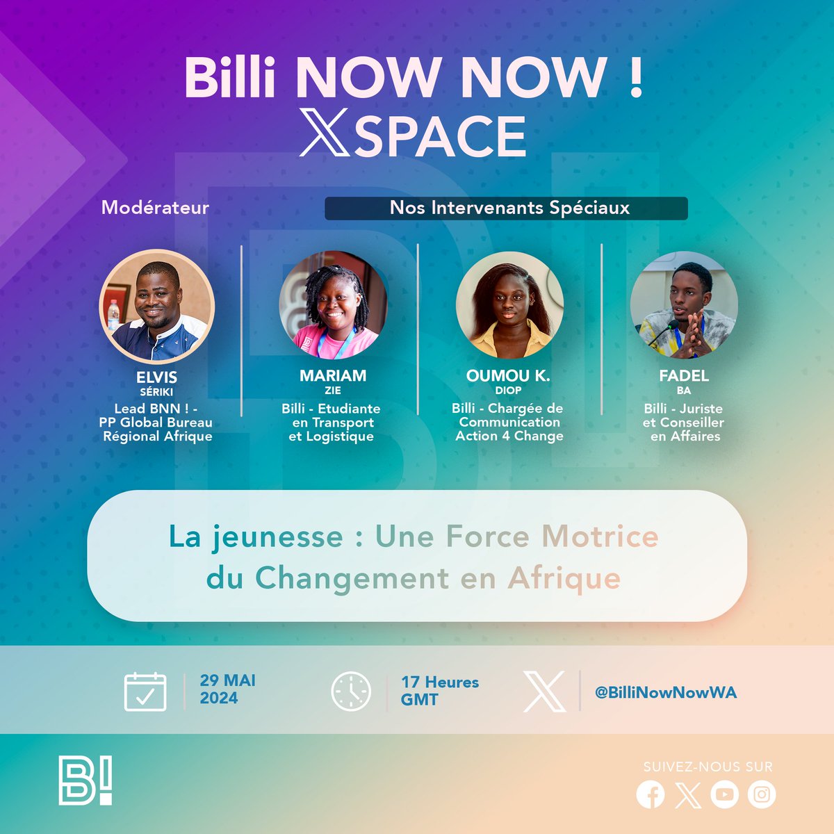 🚀 Rejoignez-nous demain sur ce Space inspirant ! 🌍✨ La jeunesse : une force motrice du changement en Afrique.
Venez échanger sur le leadership des jeunes un une Afrique intégré et prospère . ✨
🕒 17 heure GMT
📍 @BilliNowNowWa
#Agenda2063 #BilliNowNow #AfricaWeWant