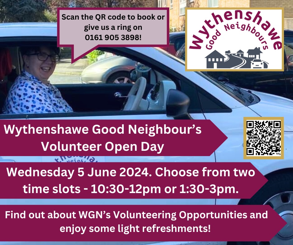 Next Wed, 5 June (during #NationalVolunteersWeek) we're hosting a Volunteer Open Day at @pioneerhousesch 🍓🦊 Cafe. Find out about becoming a Volunteer Driver & our other opportunities. Two time slots available: am or pm. To book 📞 0161 905 3898 or online bit.ly/3UzwRNx