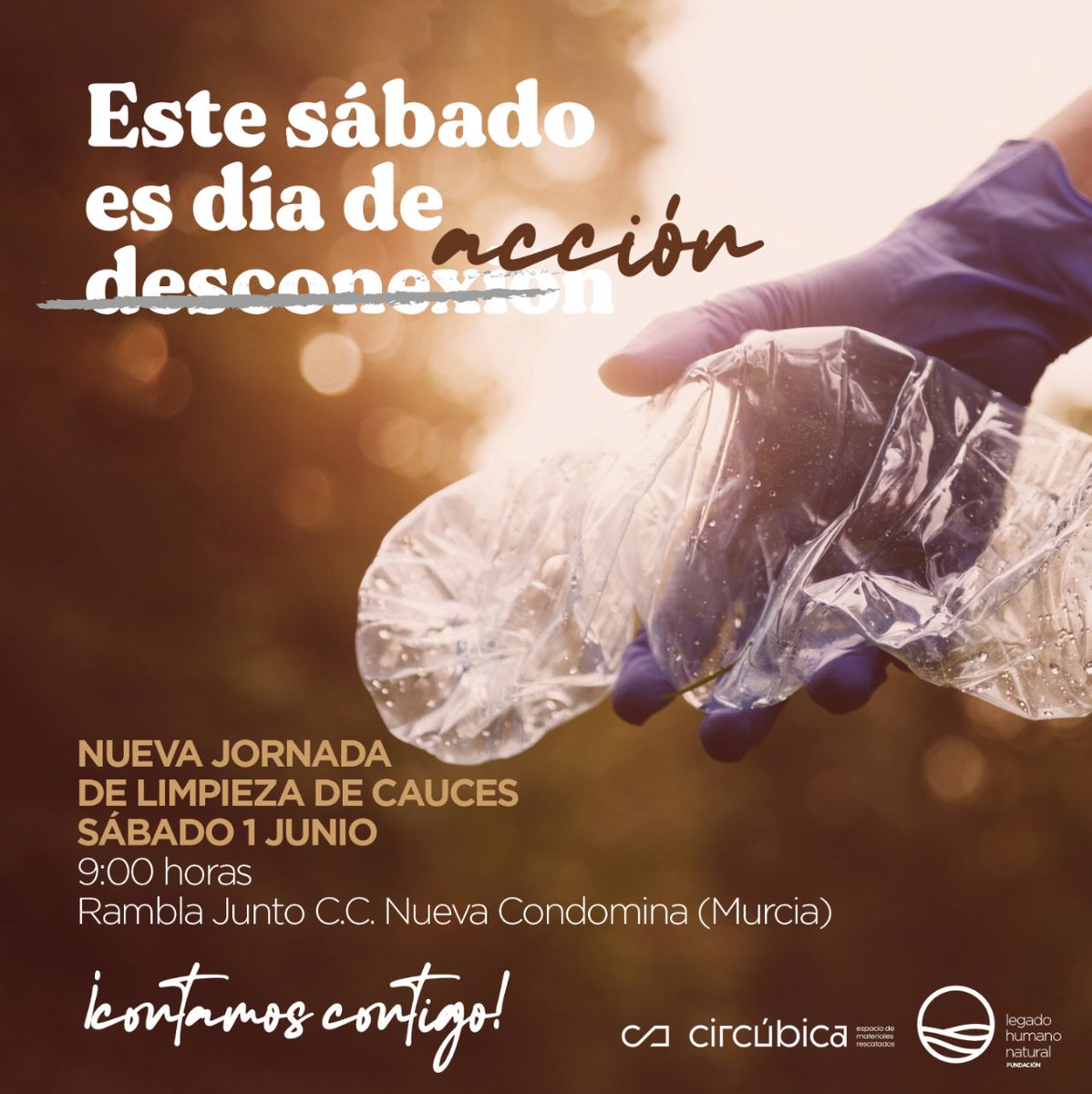 ¡🌍✨ Nueva jornada de recogida de residuos este sábado 1 de junio! 🌱💪

📍 Puente junto a la parada del tranvía en el CC Nueva Condomina y frente al estadio de Fútbol Enrique Roca
📅 Sábado 1 de junio
🕤 9:00 h 
Inscripción gratuita en 👉 legadohumanonatural.org