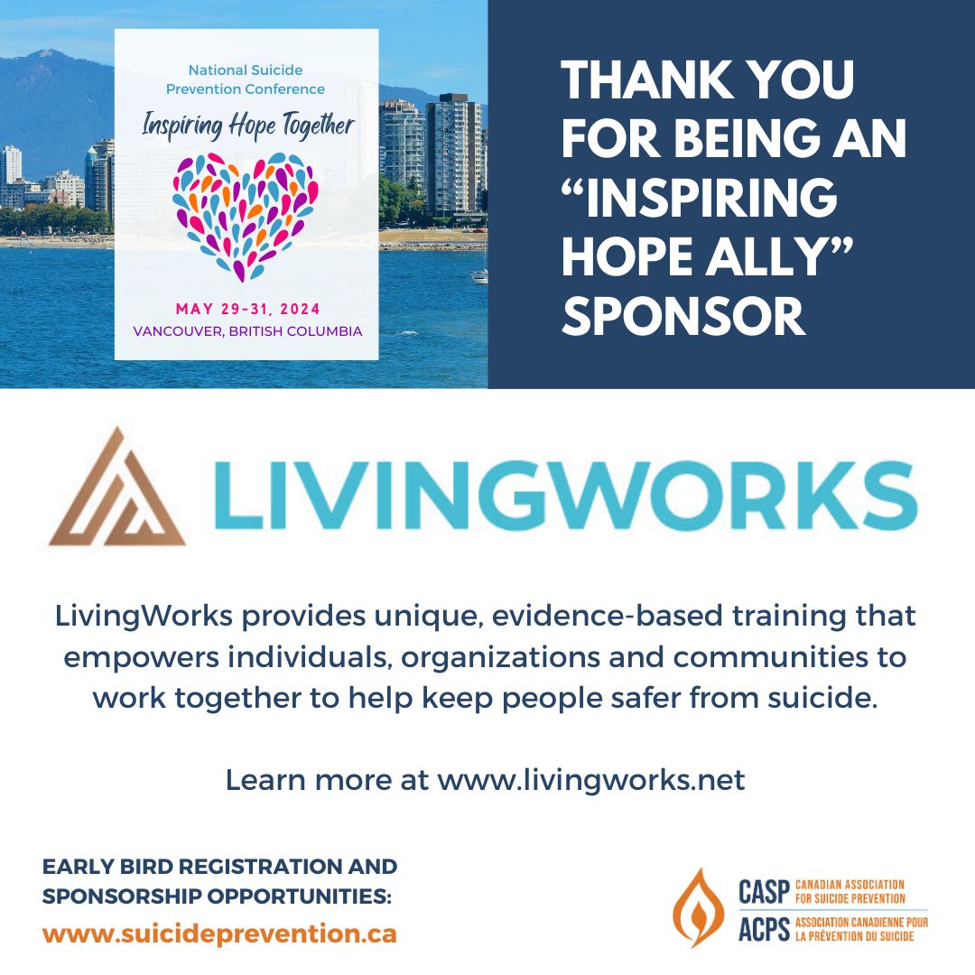 Join us in beautiful Vancouver, BC, on May 29-31 for the 2024 @CASP_CA Annual Conference. Meet #LivingWorks #SuicidePrevention Manager @beth_kelln for meaningful conversations and collaboration opportunities. See you soon at #CASP!